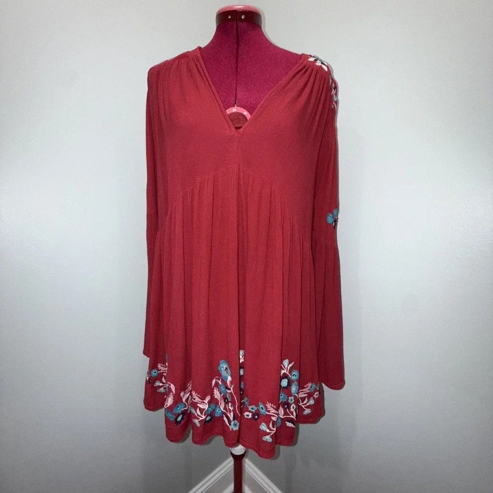 Free People Te Amo Small Mini Dress‎ Red Spring Embroidered Oversized Flared